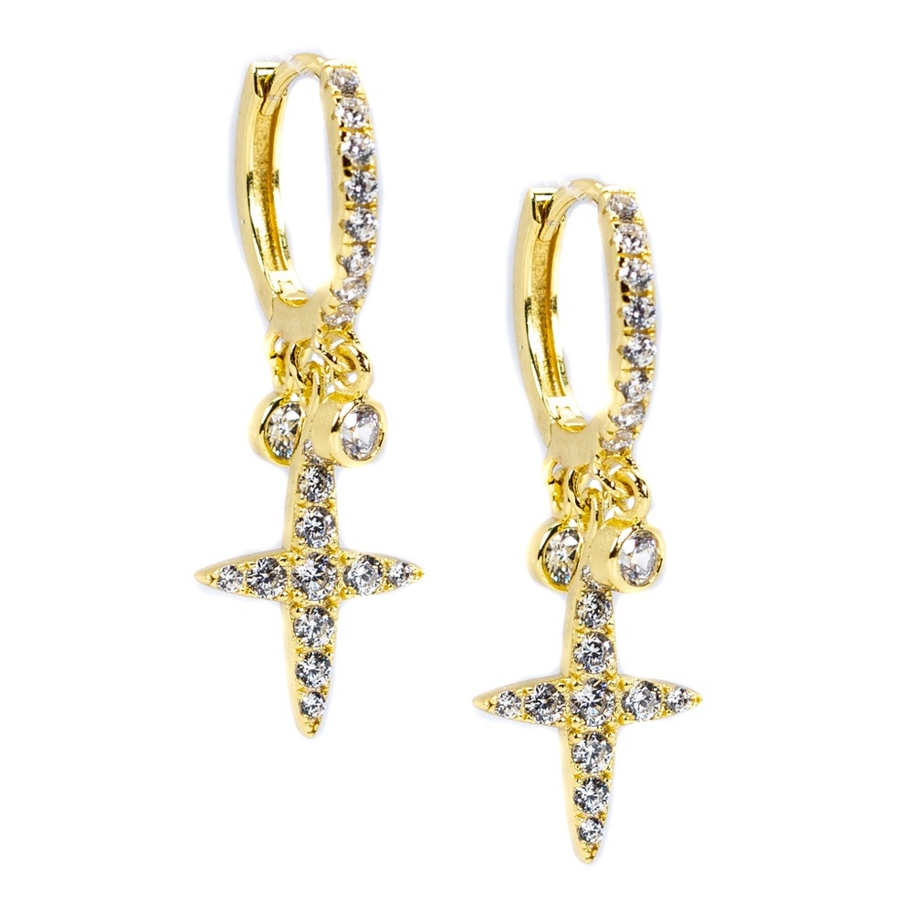 Gold Plated Iced 14K Mens Dangle Hoop Hanging Cross Drop Earrings